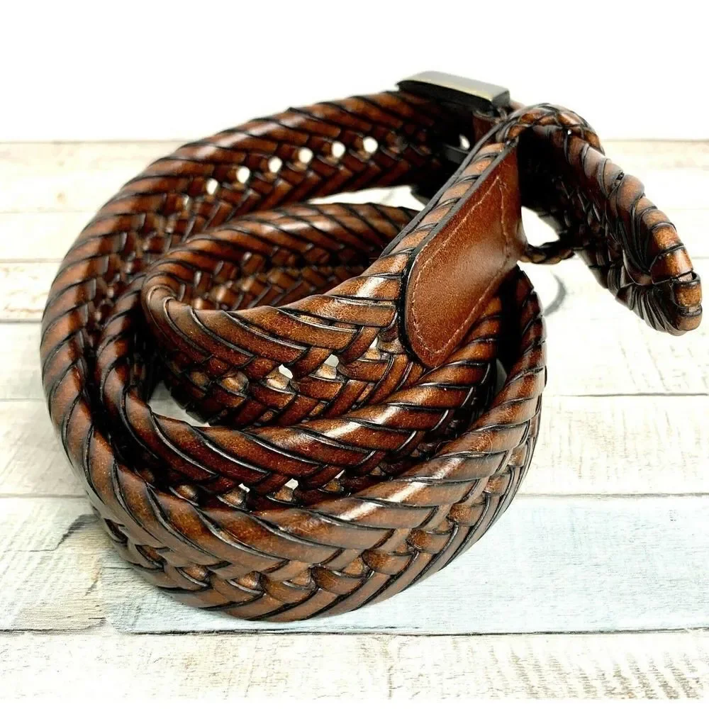VINTAGE BRAIDED BROWN THICK BUCKLE GENUINE LEATHER CASUAL WOMEN`S BELT Sz L (50M